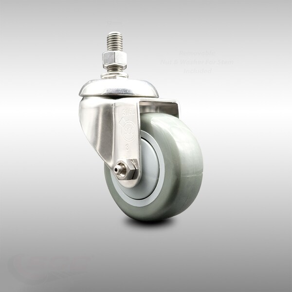 3 Inch 316SS Gray Polyurethane Wheel Swivel 12mm Threaded Stem Caster SCC